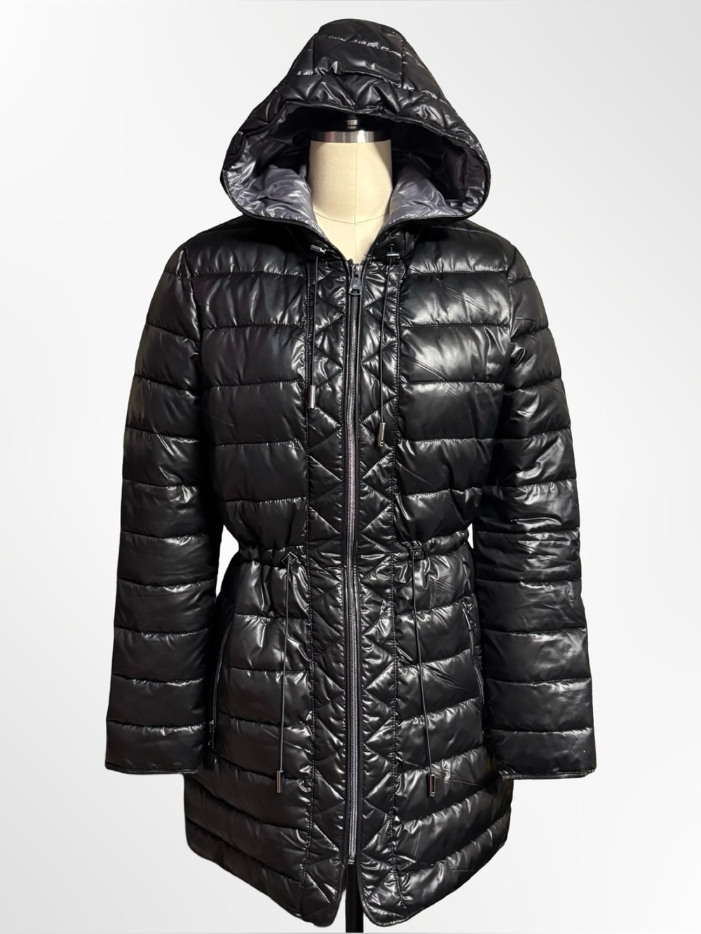 Kenneth Cole New York Black Packable Puffer Coat Jacket Hooded Cinch Waist S